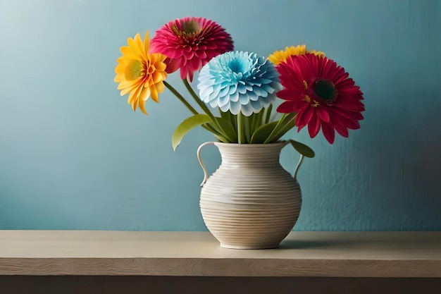 A vase with colorful flowers on a table