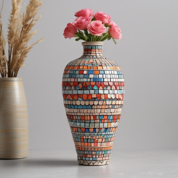 Photo a vase with a colorful mosaic design on it sits on a table