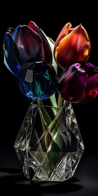 A vase with colorful tulips in it and a black background.