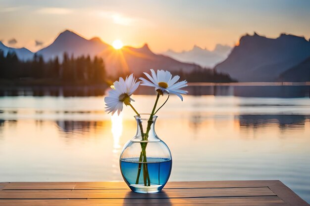 Photo a vase with daisies in it sits on a dock with mountains in the background.