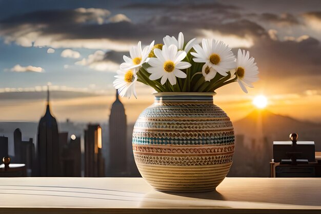 a vase with daisies on a table and a city in the background.
