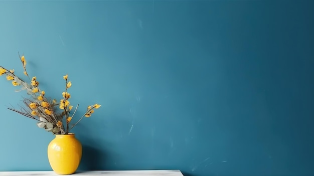 Vase with decorative plant branch on blue wall background Minimalist interior mockup Generative AI