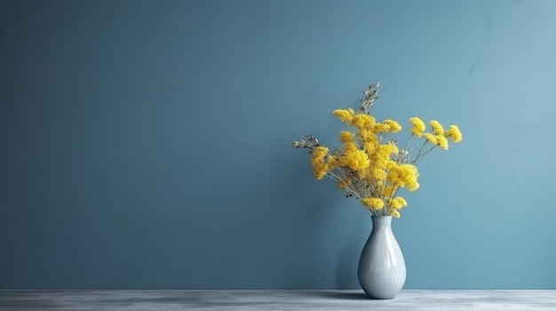 Vase with decorative plant branch on blue wall background Minimalist interior mockup Generative AI