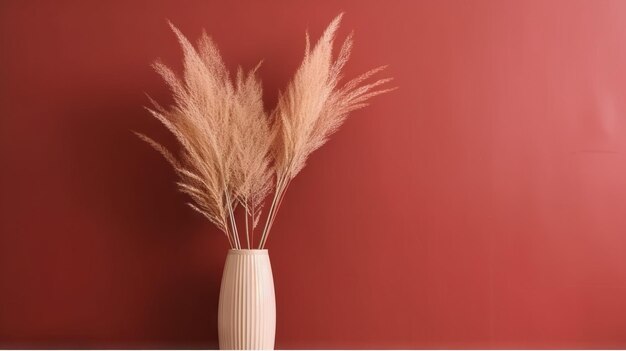 Vase with decorative plant branch on red wall background Minimalist interior mockup Generative AI