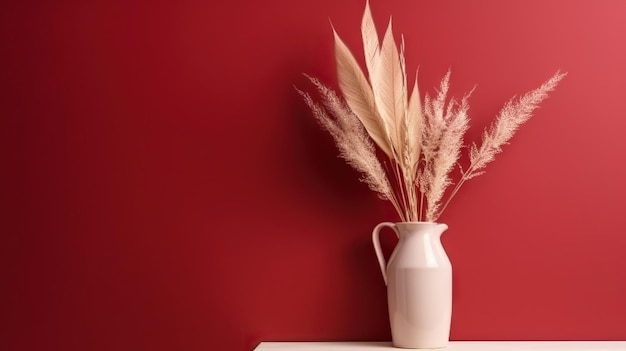 Photo vase with decorative plant branch on red wall background minimalist interior mockup generative ai