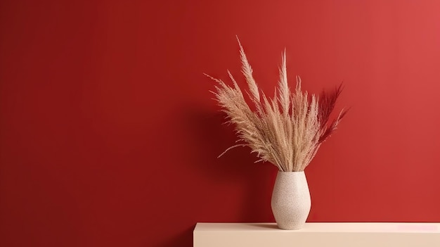 Vase with decorative plant branch on red wall background Minimalist interior mockup Generative AI