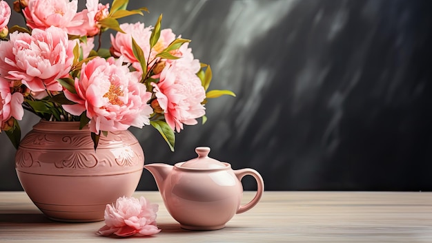 Vase with delicate peonies and teapot on the table copy space Flower web banner AI generated