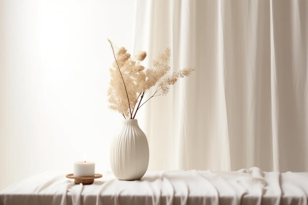 Vase with dried flowers and candle on table near window Interior design