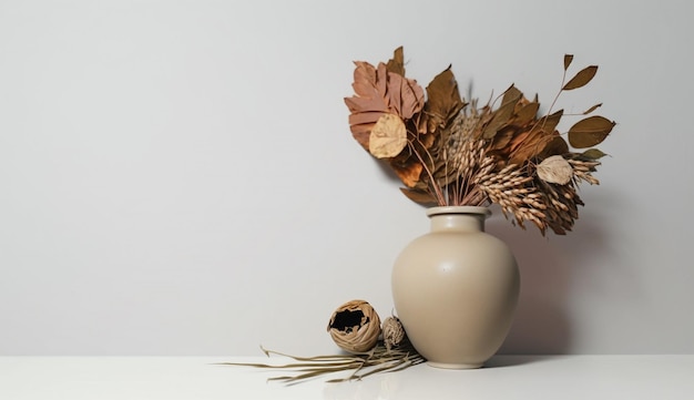 A vase with dried flowers on it and a white background