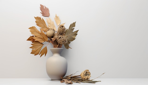 A vase with dried flowers and a white background