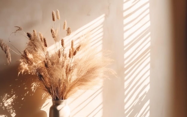 A vase with dried grass in the sunlight