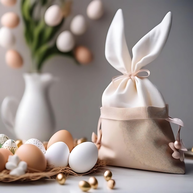 a vase with eggs and a flower in it