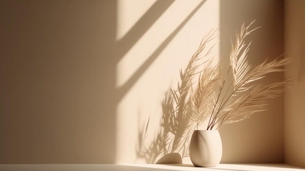 A vase with feathers on a table in a light room