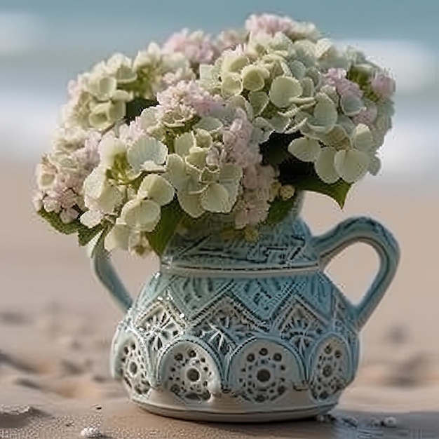a vase with flowers on the beach near the water