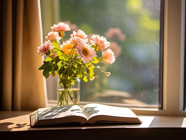 vase with flowers and a book next to a window