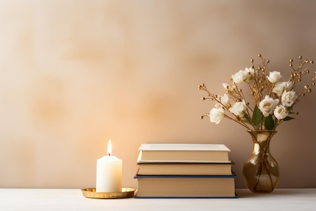 A vase with flowers and a candle on a table Yom Kippur tradition Copy space place for text