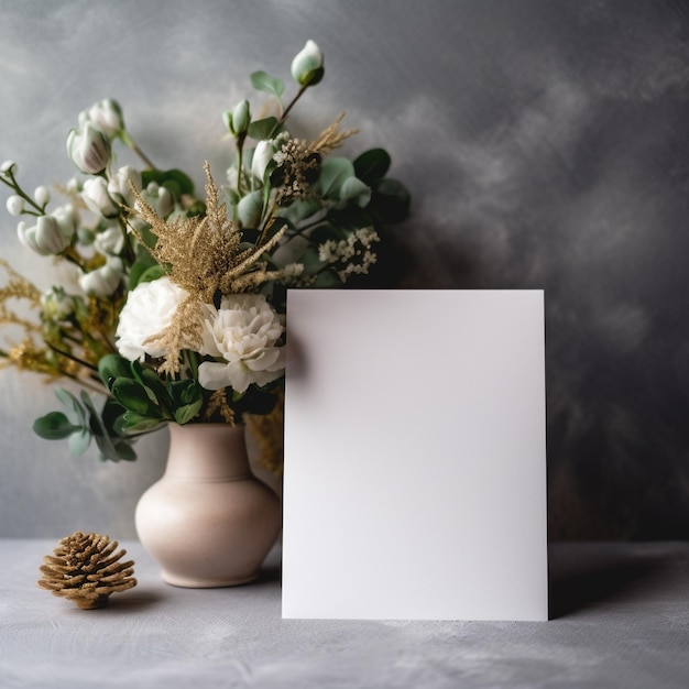 a vase with flowers and a card on it