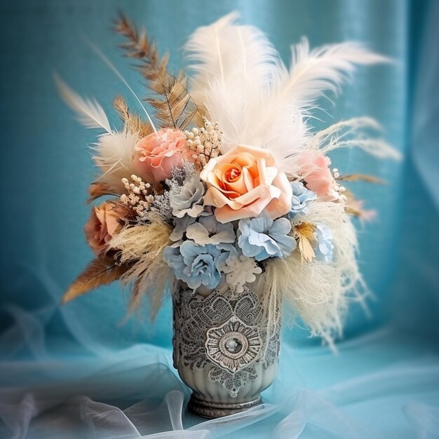 A vase with flowers and feathers on a blue background.