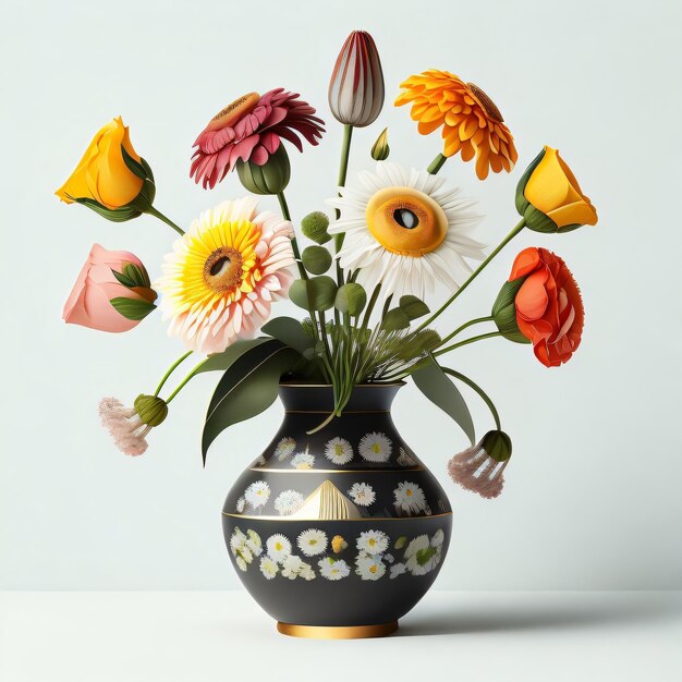 A vase with flowers and a flower on it