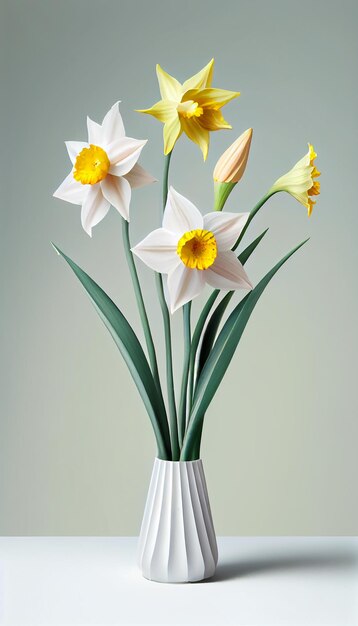 A vase with flowers and a green leaf on it