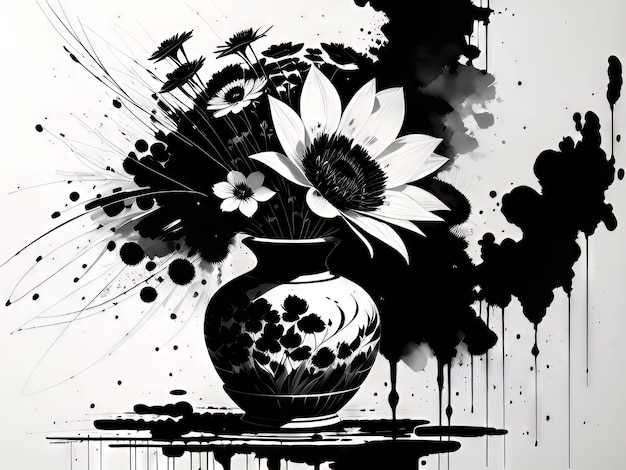 A vase with flowers is painted on a black and white background.