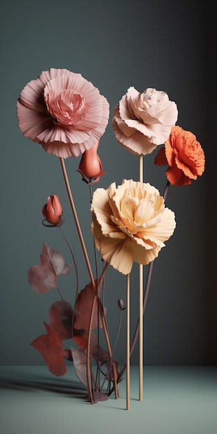 A vase with flowers on it and a blue background.