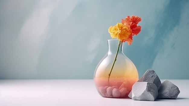 a vase with flowers in it and a bottle of water.