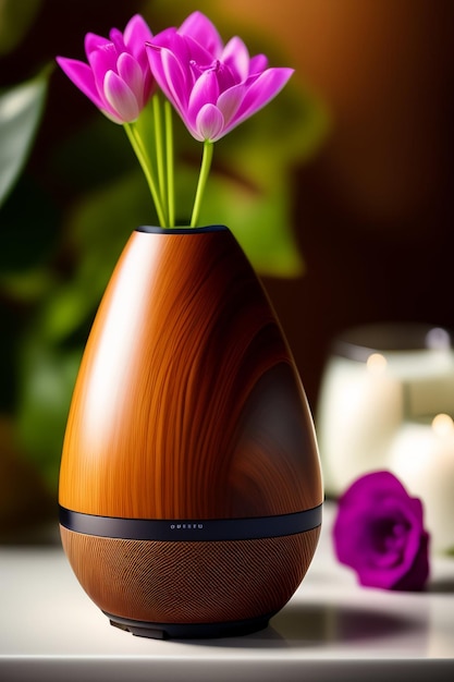 A vase with flowers on it and a candle in the background.