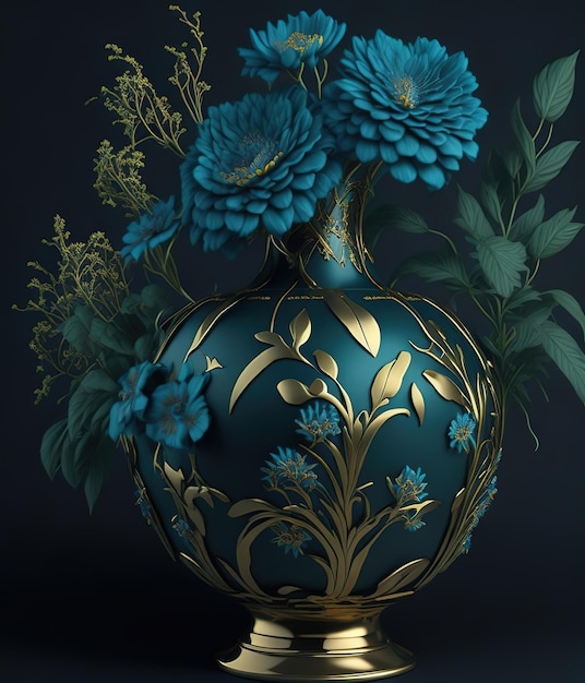 A vase with flowers in it and a gold design on the bottom.