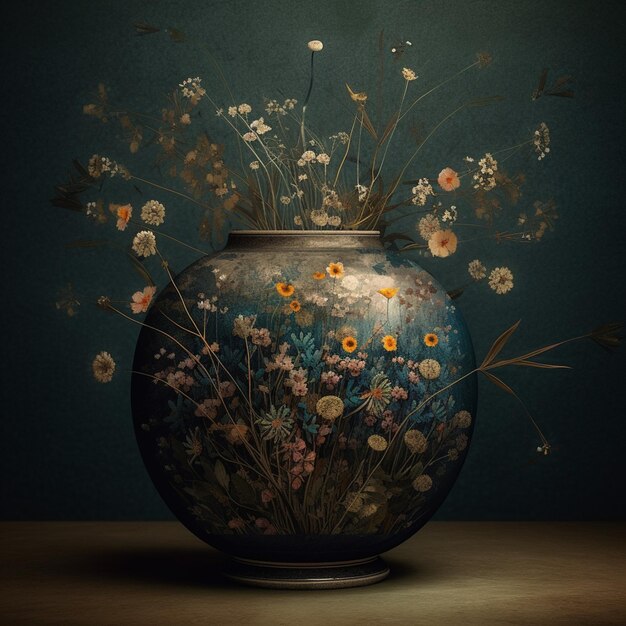 A vase with flowers in it has a dark background.