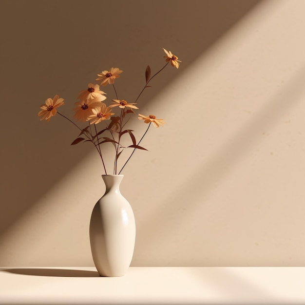 A vase with flowers in it and a light shining on the wall.