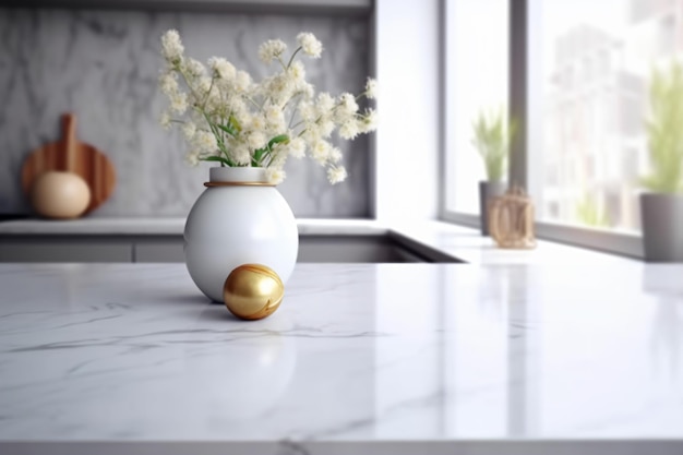 a vase with flowers in it sitting on a counter