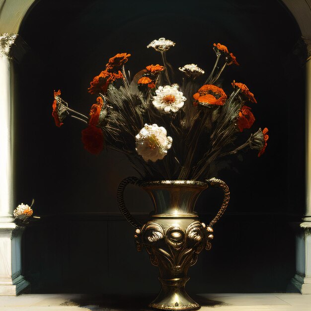 a vase with flowers in it sitting on a ledge