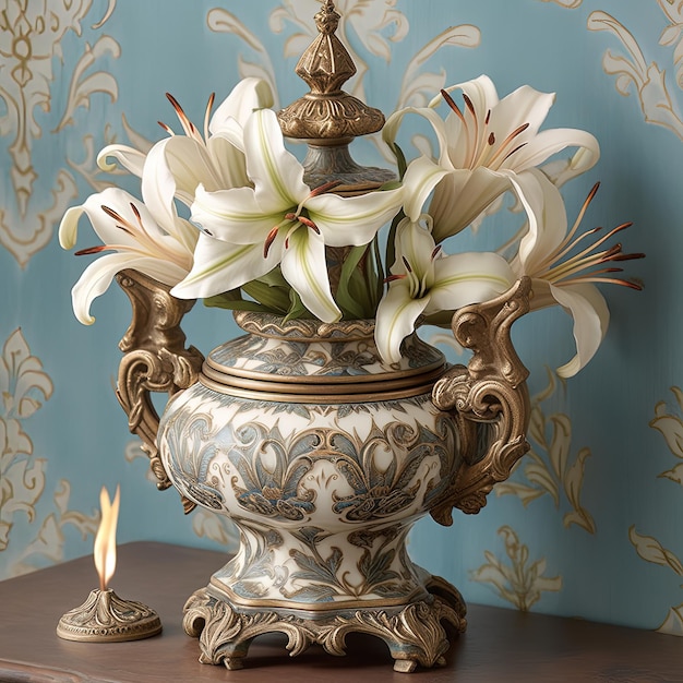 a vase with flowers in it on a table