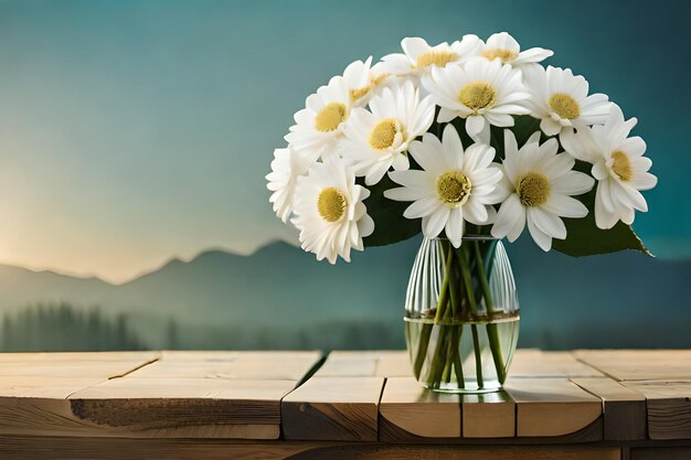 A vase with flowers in it and the word " daisy " on the top.