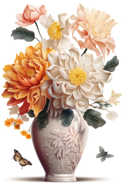 A vase with flowers and leaves on it