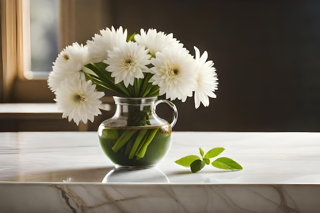 A vase with flowers on a marble table and a vase with the words " flowers ".