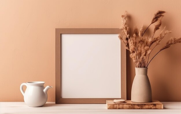 A vase with flowers and a picture frame on a table.