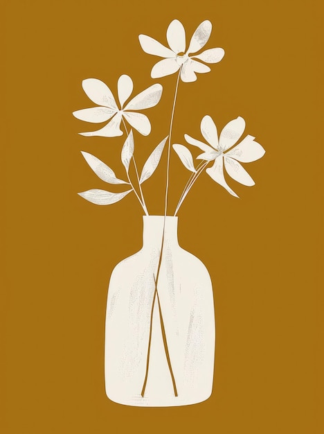 Vase with flowers of simple shapes minimalistic white on a mustard background illustration