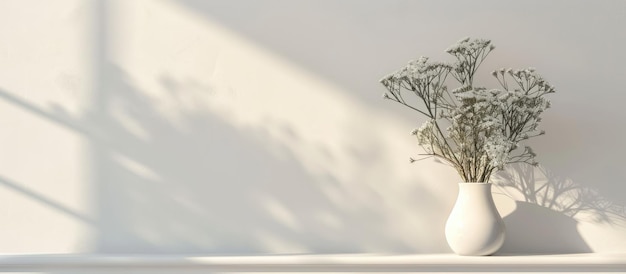 Photo a vase with flowers sits on a decorative shelf against a white wall