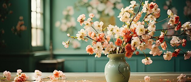 Photo a vase with flowers on a table in front of a wall