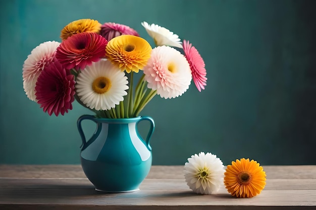 テーブルと緑の背景の上に花瓶