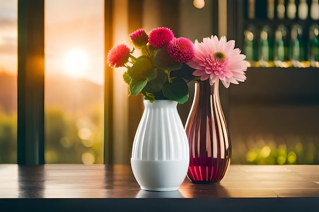 a vase with flowers on a table and a mirror behind it