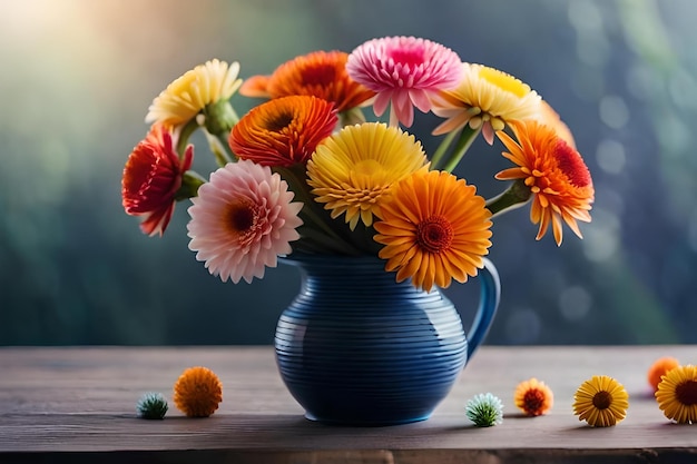 テーブルの上の花瓶とその後ろの太陽