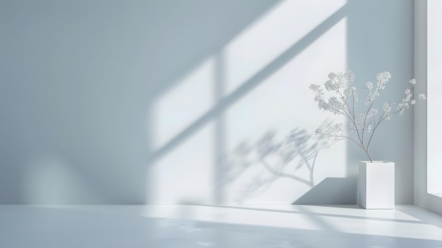 a vase with flowers on a table and a white wall