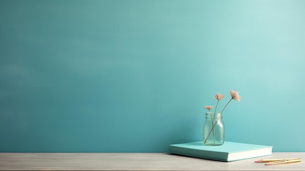 a vase with flowers on a table with a blue background.