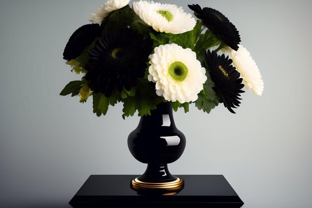 A vase with flowers on a table with a gold base.