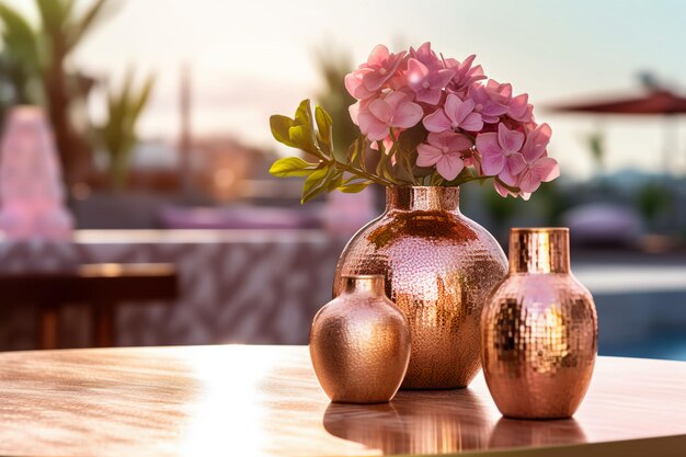 A vase with flowers on a table with a sunset in the background