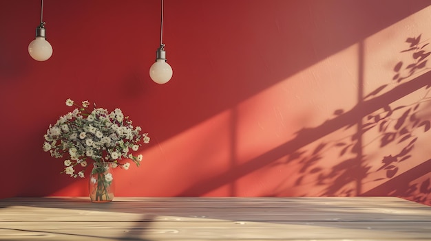 Vase with flowers on wooden shelf in front of red wall