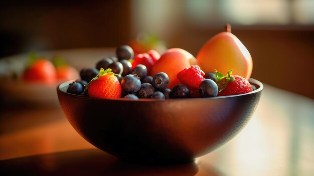 Vase with fresh fruits stands on a wooden table against a blurred background creating a favorable atmosphere Generative AI